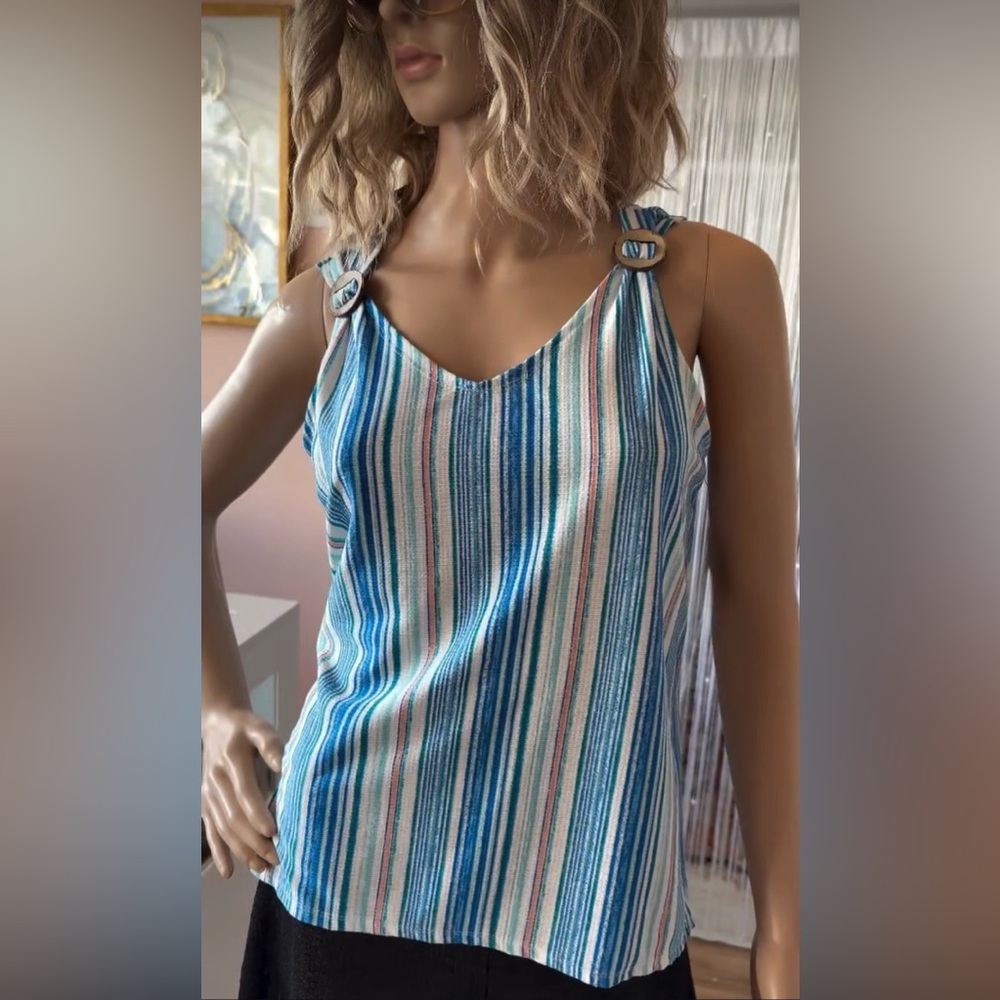 Cure Multicolor Striped Top with wood detail on the sleeves. Size medium.